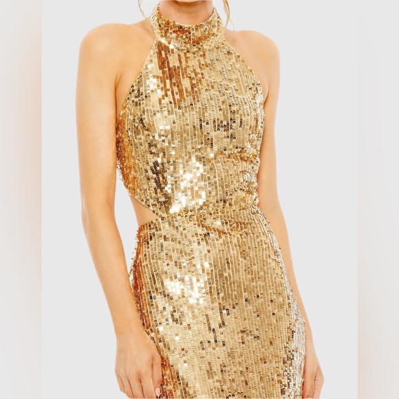 NWT $798 MAC DUGGAL Gold Open Back High Neck Sequin Gown DRESS MAXI LONG 93976 - Picture 3 of 7